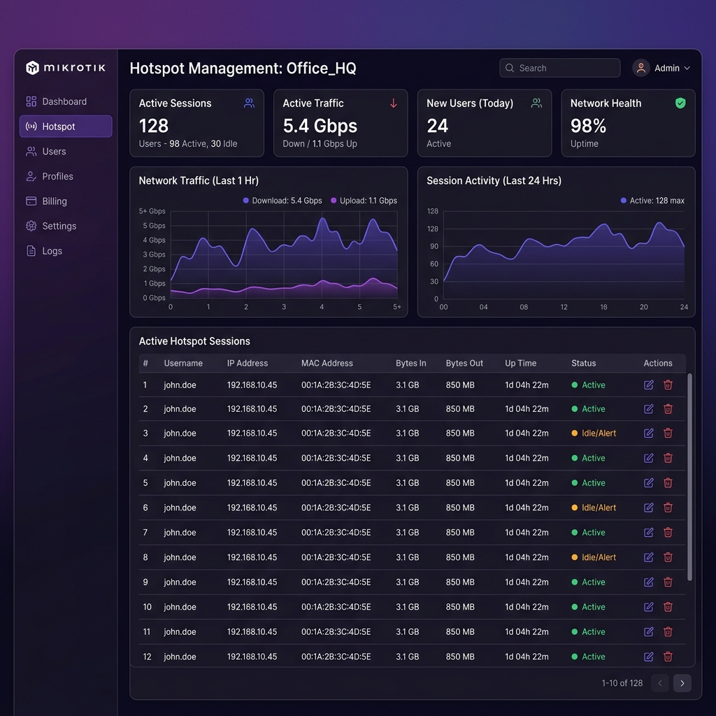 Painel Hotspot Mikrotik — gestão de sessões